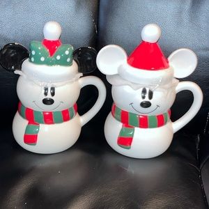 Set of Snowman DISNEY Mugs with Santa Hat Toppers - Mickey & Minnie; Brand New!
